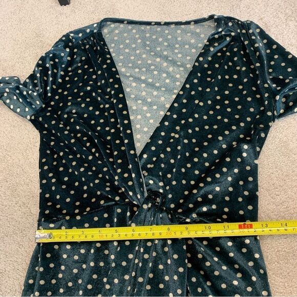 ZARA dark green cream velvet polkadot V-neck wrap dress ruched Sz S - Picture 10 of 11